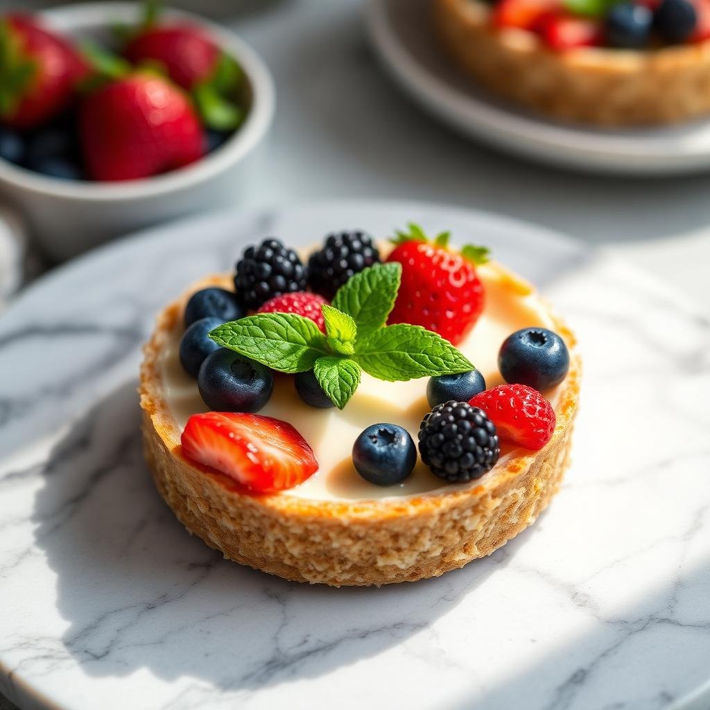 Mini cheesecake con base de almendras y coco, coronado con fresas, arándanos, moras y menta