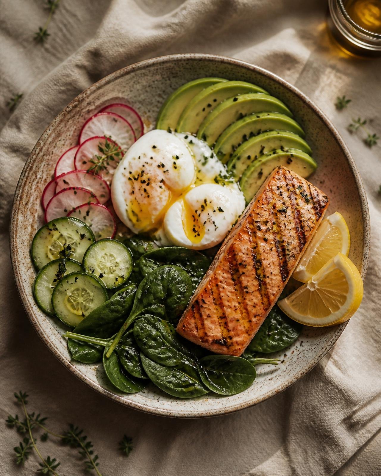 Bowl con salmón, huevos, aguacate, espinaca baby, pepino y rábanos