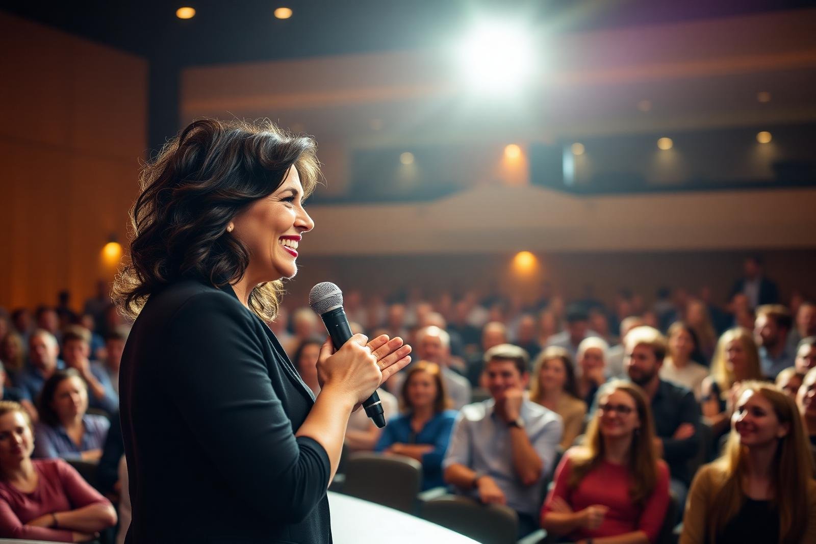Mujer dictando una conferencia motivadora ante un auditorio lleno de personas felices y atentas.