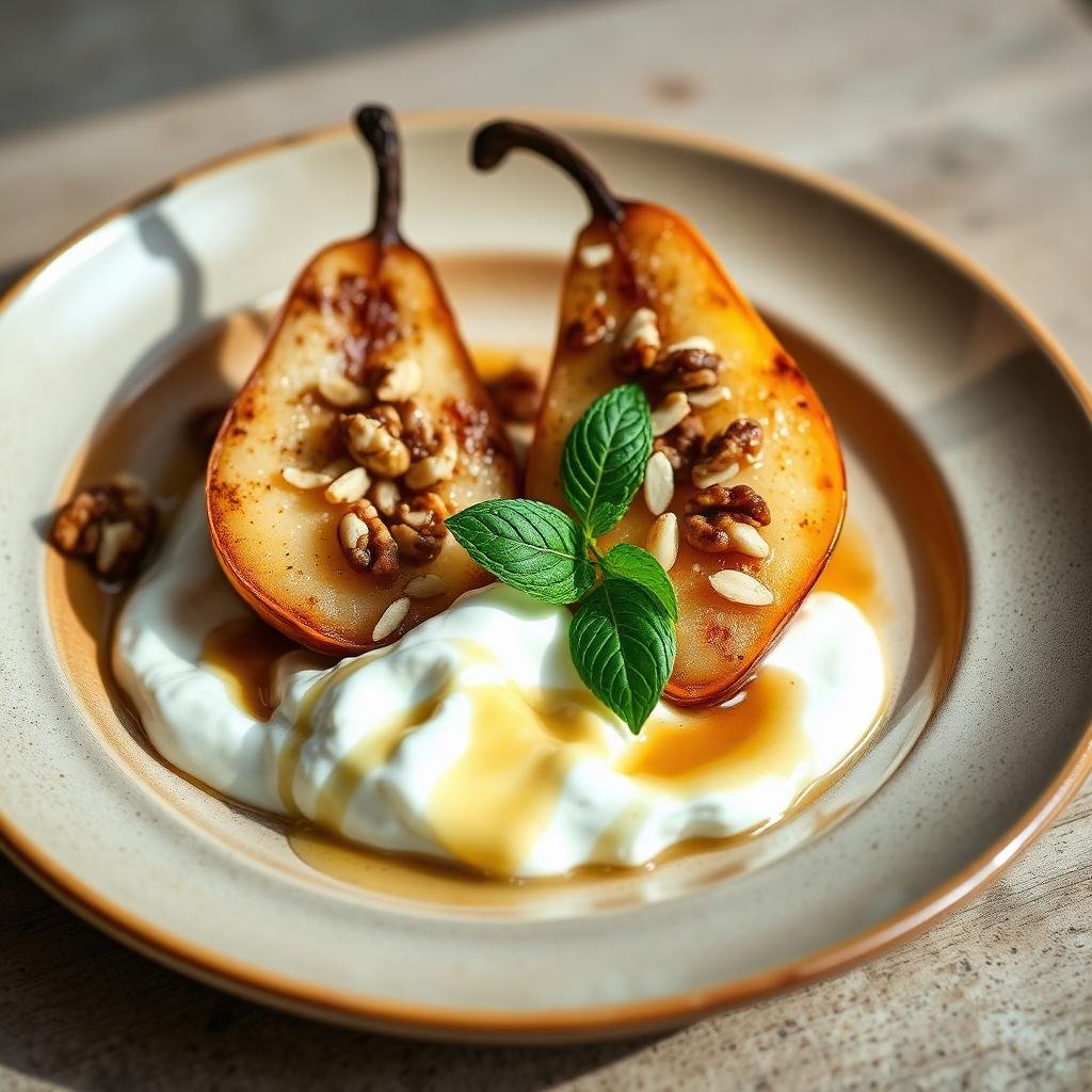 Peras asadas con canela, nueces y almendras laminadas sobre yogur griego con miel y menta