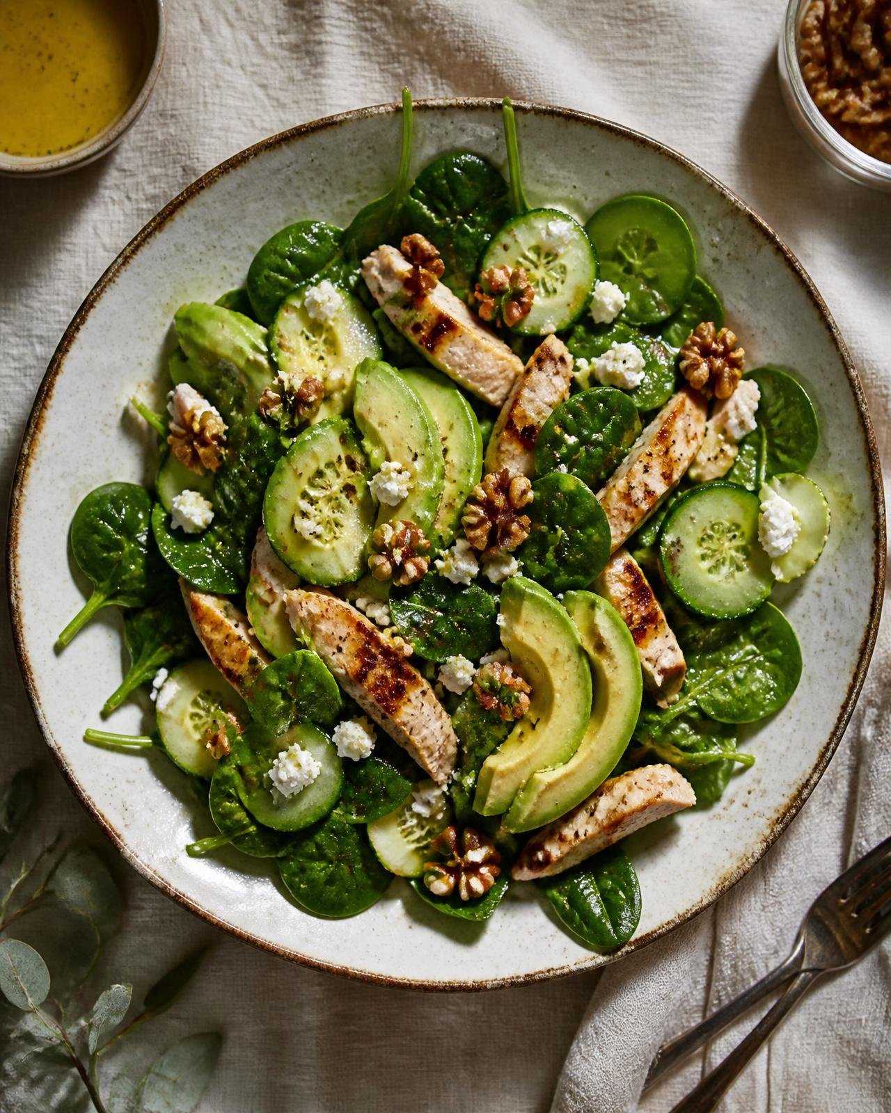 Ensalada verde premium con espinaca, aguacate, pepino, pollo grillado, nueces y queso de cabra
