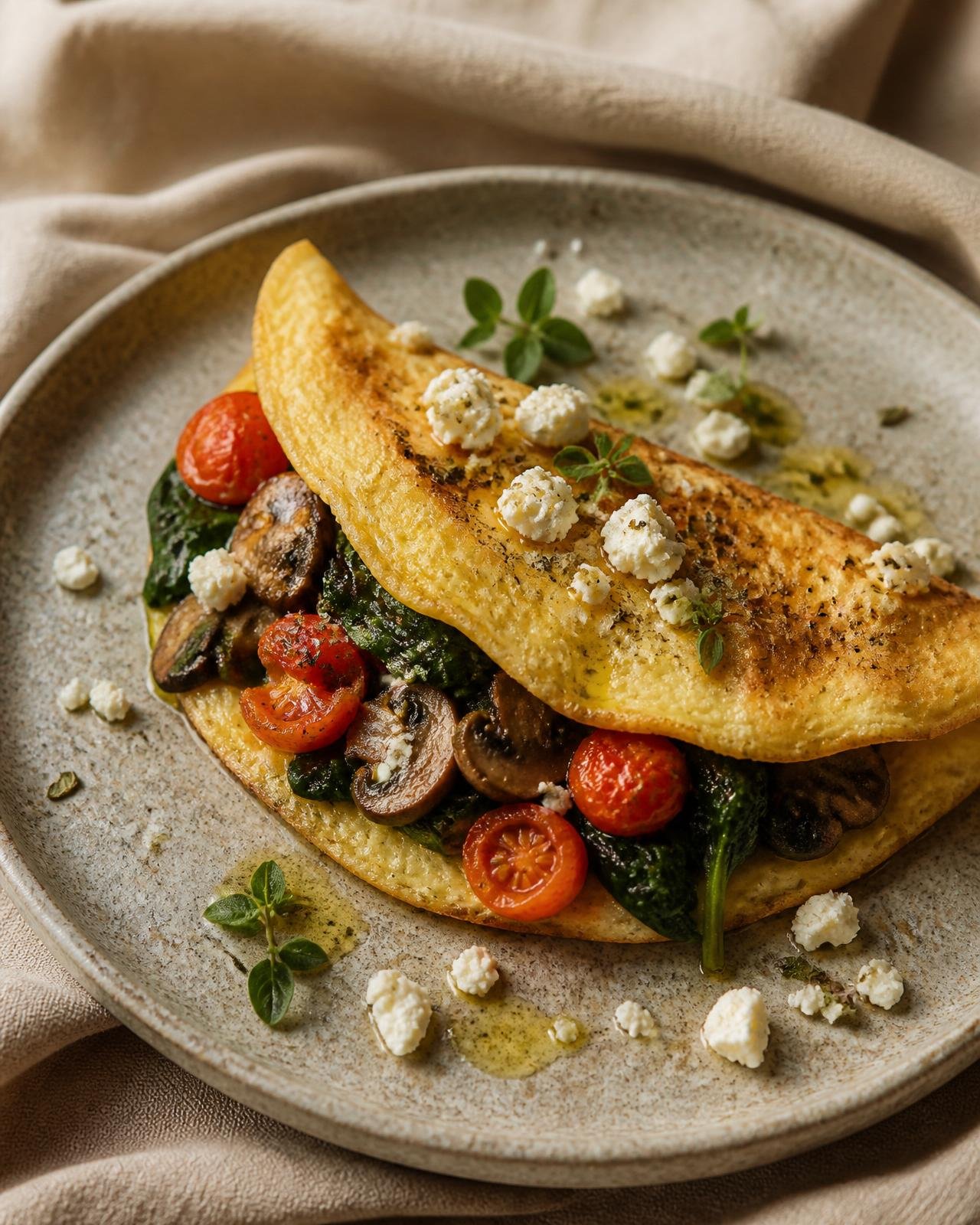 Omelette mediterráneo con champiñones, espinaca, tomates cherry, queso feta y orégano