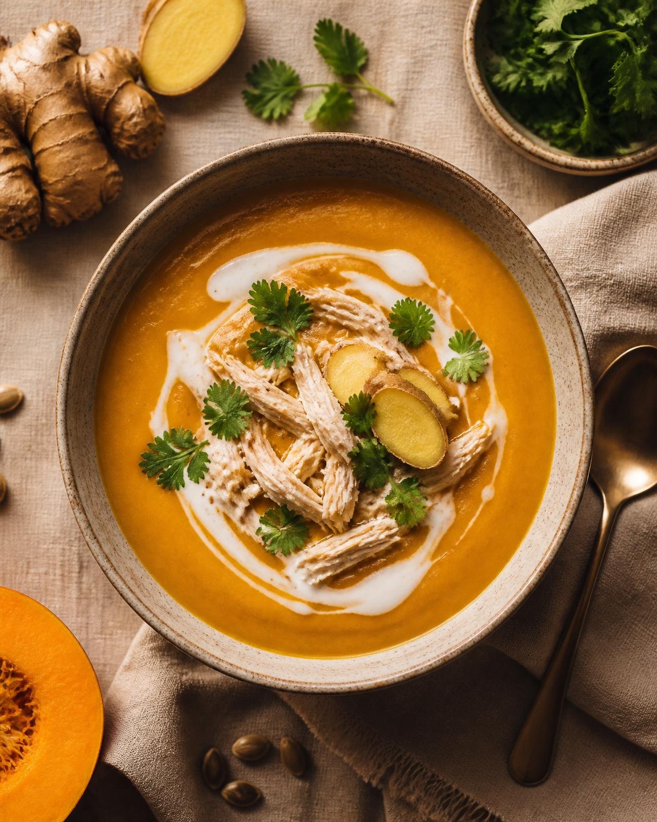 Crema de calabaza y jengibre con pollo desmechado, semillas de calabaza y perejil
