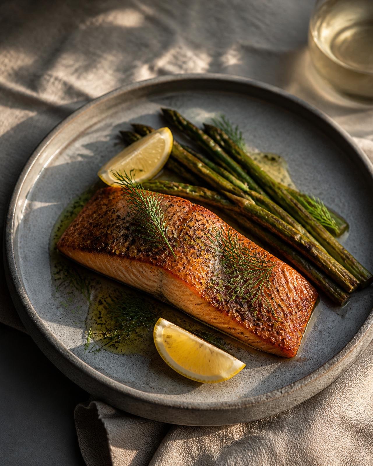 Filete de trucha dorado con espárragos verdes, limón, aceite de oliva y eneldo