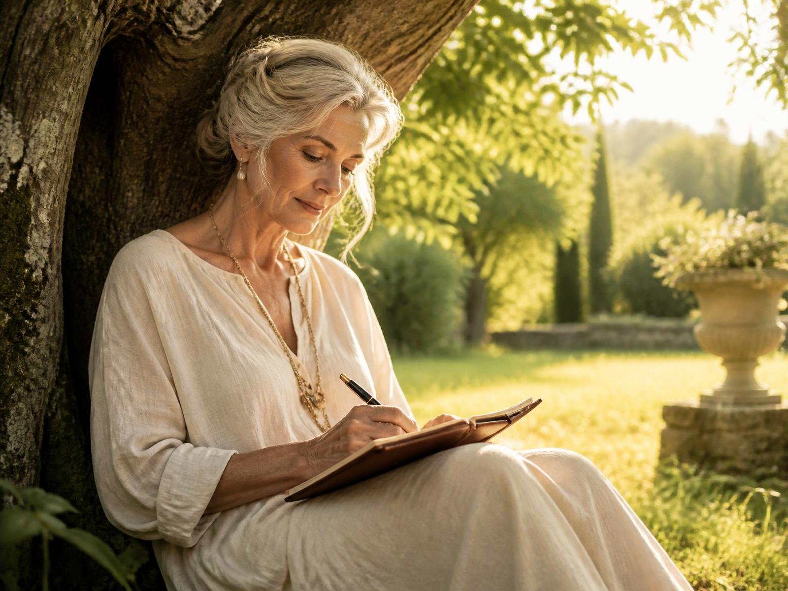 Mujer serena escribiendo una carta en un cuaderno bajo un árbol, en un paisaje sereno con luz dorada.