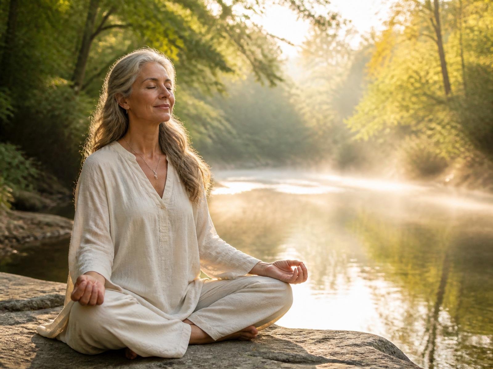 Mujer serena meditando en posición de loto junto a un río rodeado de árboles, bañada por la luz dorada de la mañana.